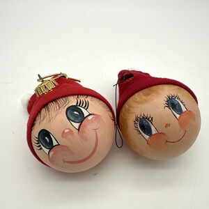 2 Vintage Elf Hand Made Painted Ornaments